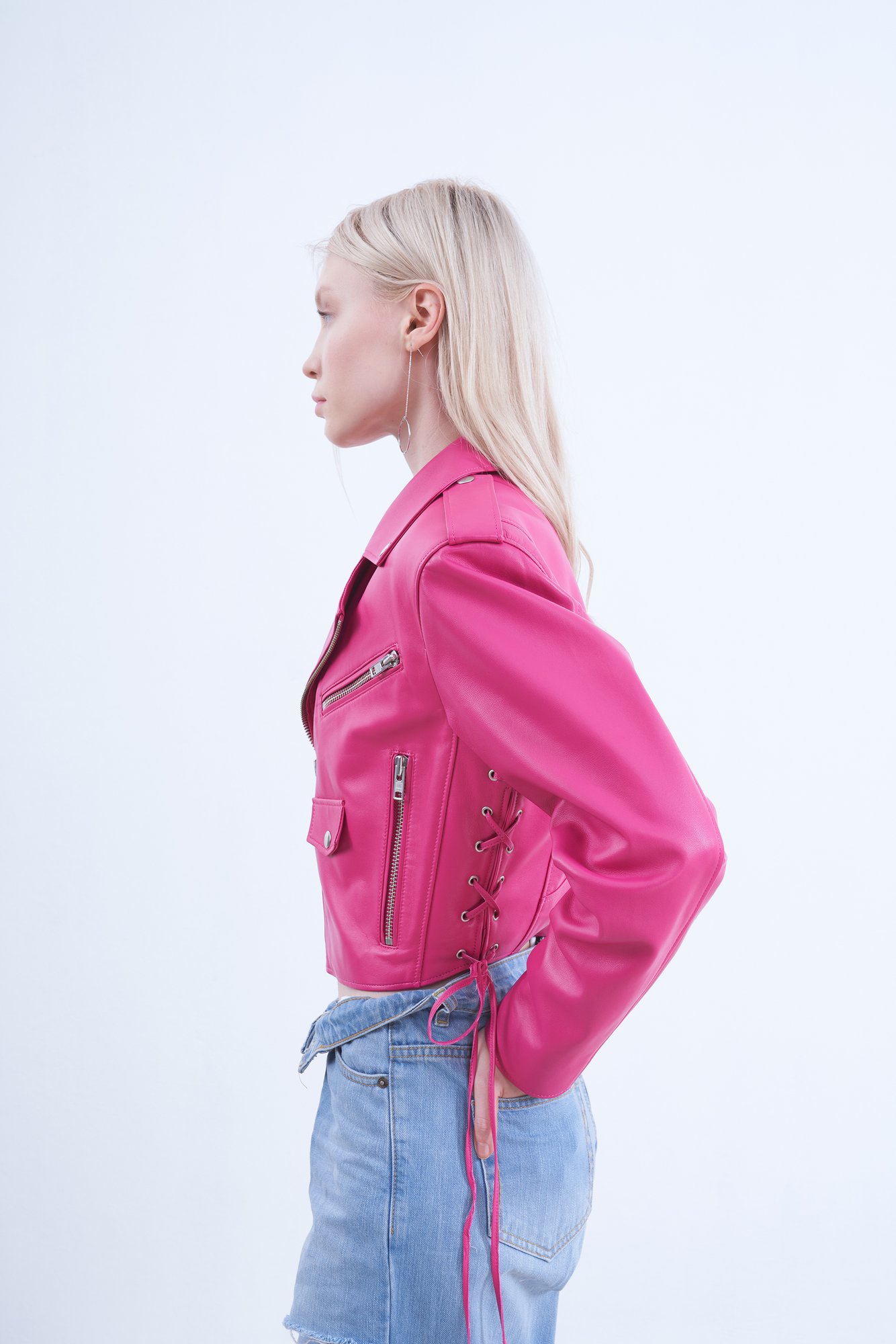 Vibrant Fuchsia Cropped Biker Jacket - Quality Leather Product Manufactured By Drejani̇. Contact For B2B Orders.