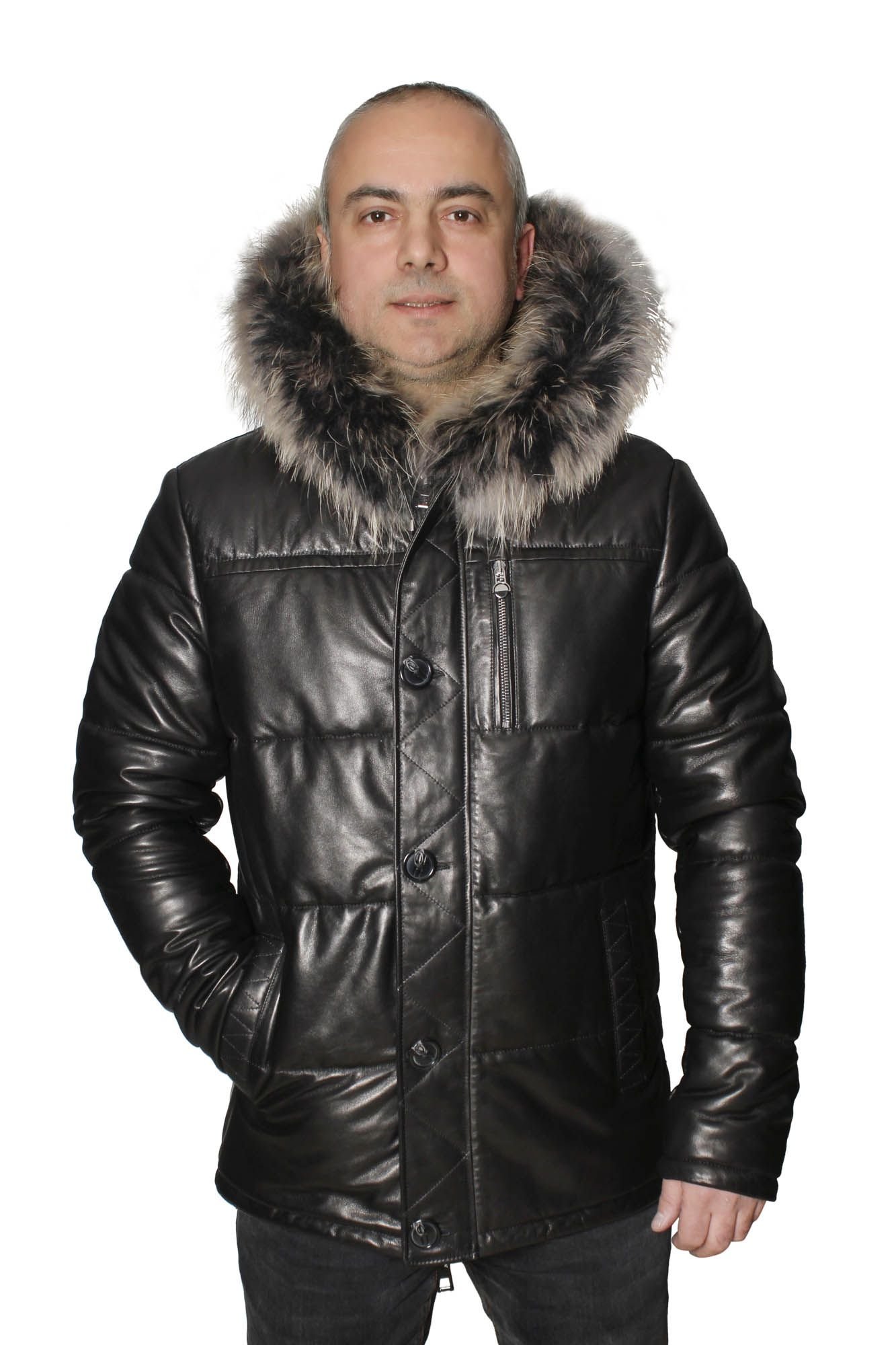 Mens Luxury Fur Hooded Black Leather Puffer Coat - Quality Leather Product Manufactured By Derma Deri̇ Ti̇c. Ve San. Ltd. Şti̇.. Contact For B2B Orders.