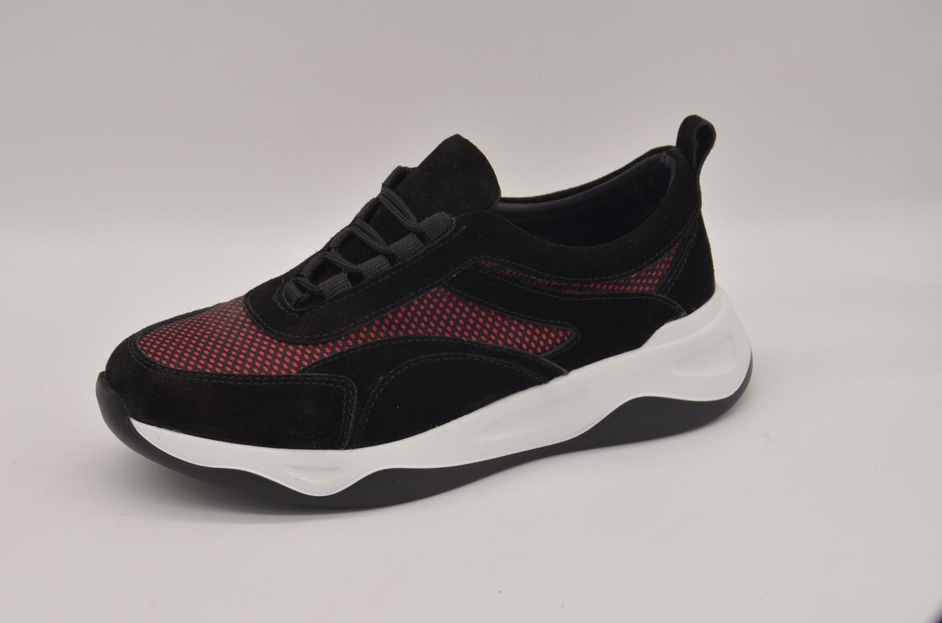 Black Suede Red Perforated Leather Women's Sneaker Design - Quality Leather Product Manufactured By Çetsan Ayakkabı Sanayi Ve Ticaret Limited Şirketi. Contact For B2B Orders.