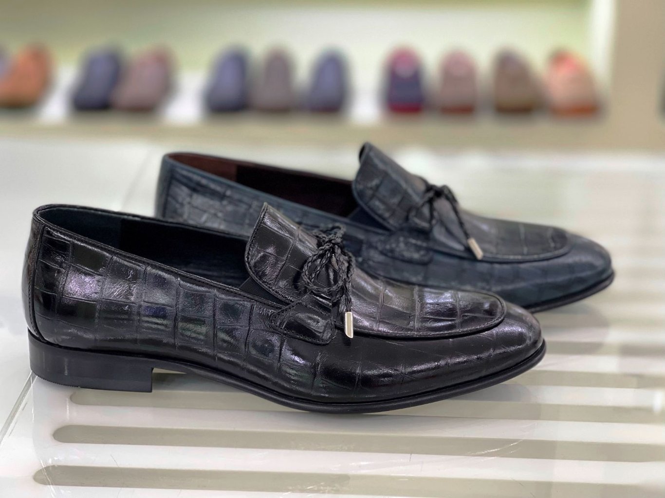 Мужские Черные Лоферы Кожа Крокодиловым Тиснением