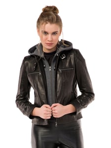 Stylish Black Hooded Women Leather Jacket - Quality Leather Product Manufactured By Greyder Deri̇ San Ve Ti̇c Ltd. Contact For B2B Orders.