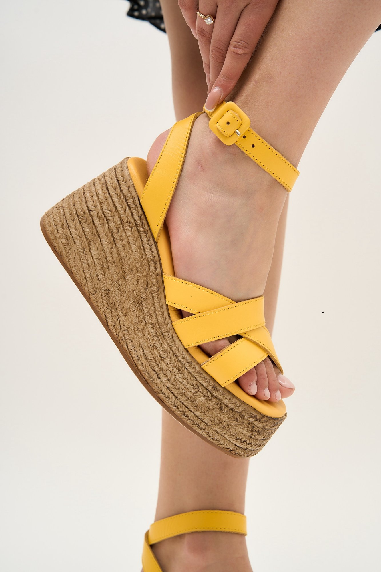 Vibrant Yellow Leather Espadrille Wedge Sandals - Quality Leather Product Manufactured By Ronya Ayakkabi San. Ve Ti̇c.ltd.şti̇.. Contact For B2B Orders.