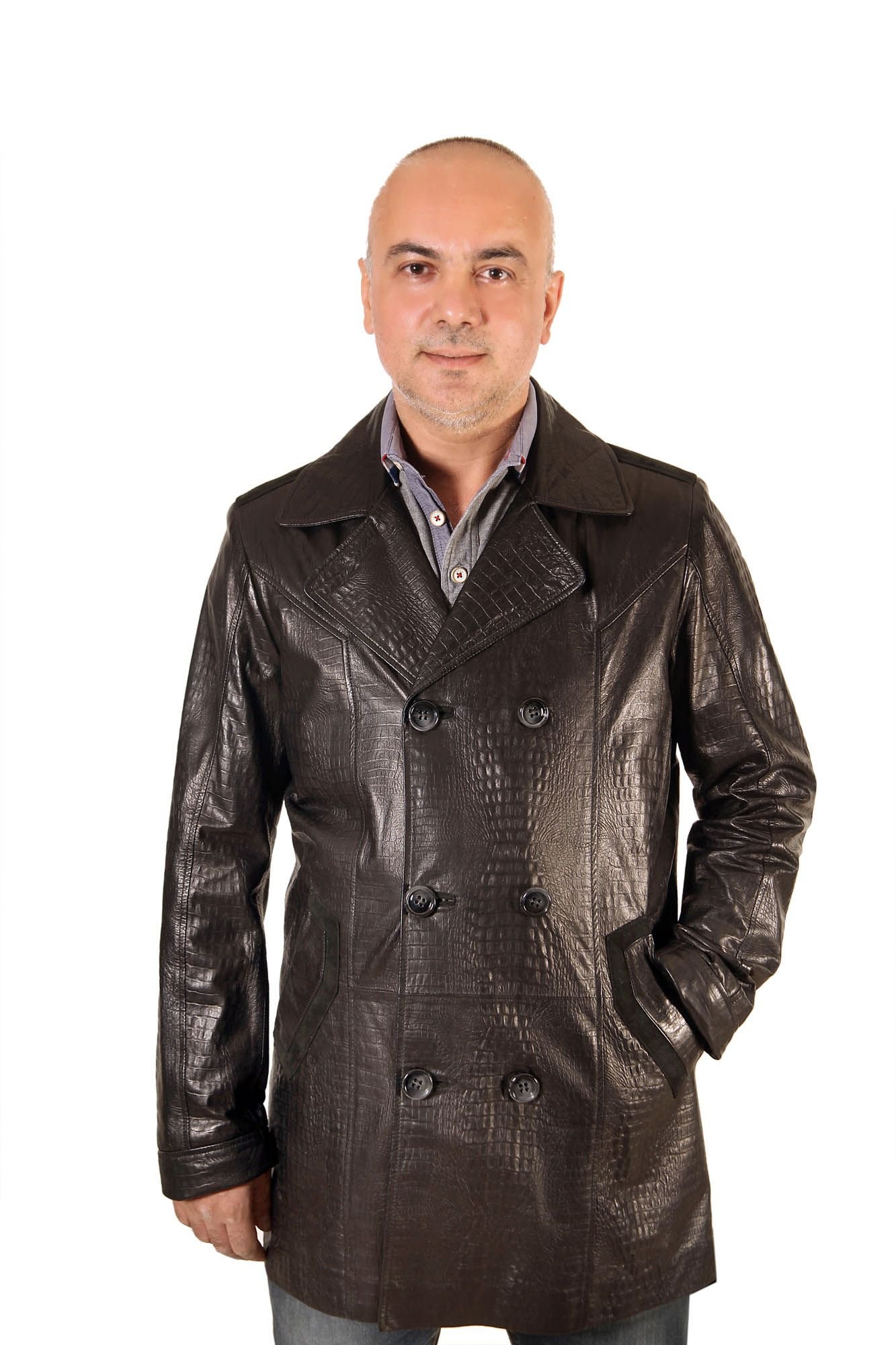 Mens Dark Brown Crocodile Embossed Leather Coat - Quality Leather Product Manufactured By Derma Deri̇ Ti̇c. Ve San. Ltd. Şti̇.. Contact For B2B Orders.