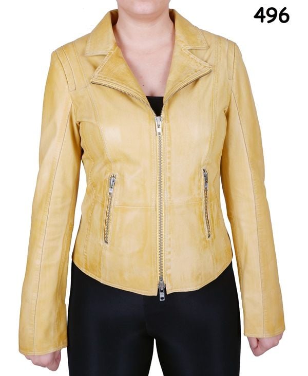 Damen Aged Yellow Biker Lederjacke - Qualitatives Lederprodukt Hergestellt Von Canbol Deri̇ San. Ve Ti̇c.ltd.şti̇.. Kontakt Für B2B-Bestellungen.