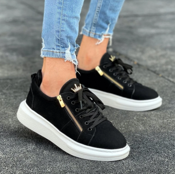 Chunky Suede Sneakers Gold Zipper Designer Shoes Black - Turkish Shoes