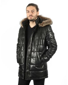 Mens Black Hooded Puffer Leather Jacket - Quality Leather Product Manufactured By Baymod Deri A.ş. Contact For B2B Orders.