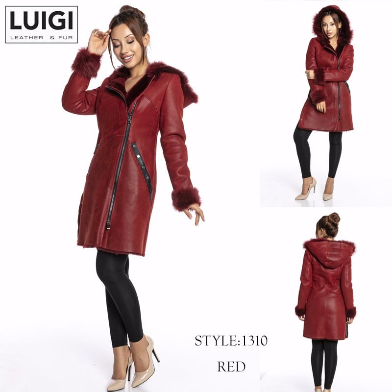 Women Red Shearling Hooded Winter Parka - Quality Leather Product Manufactured By Luigi Leather & Fur. Contact For B2B Orders.