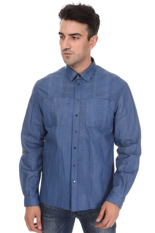 Herren Blaues Exotisches Schlangenleder Hemd - Qualitatives Lederprodukt Hergestellt Von Tess Dis Tic.ltd.sti. Kontakt Für B2B-Bestellungen.