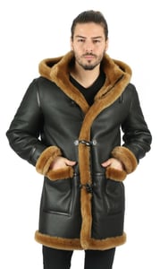 Mens Hooded Black Leather Brown Shearling Coat - Quality Leather Product Manufactured By Baymod Deri A.ş. Contact For B2B Orders.