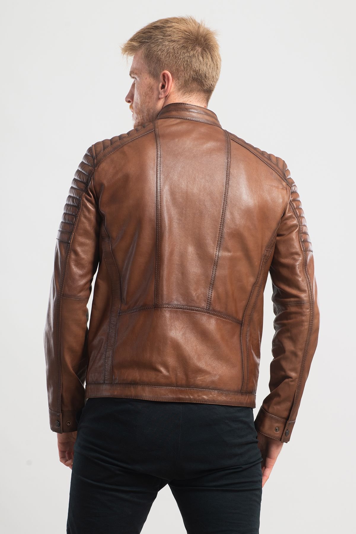 Mens Cognac Biker Quilted Leather Jacket - Turkish Leather