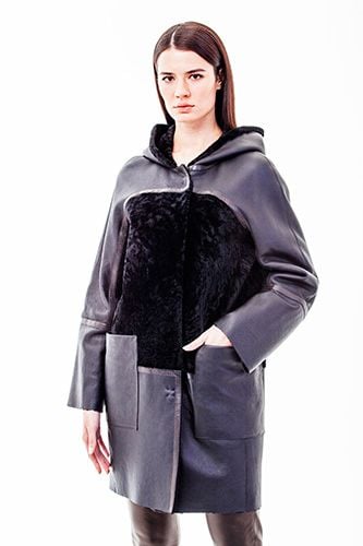 Damen Kapuzen Anthrazit Shearling Ledermantel