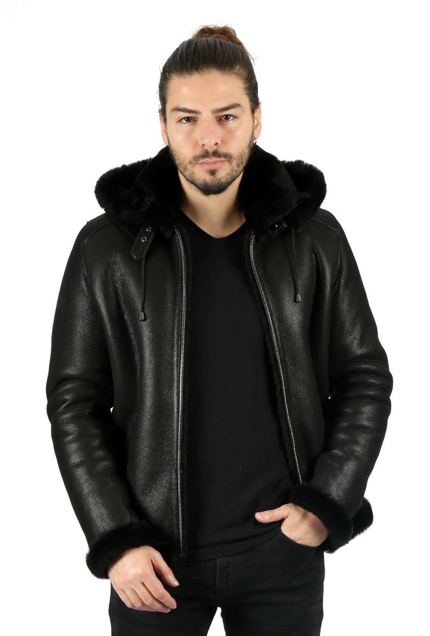 Kapuzen Schwarze Luxus Lammfell Shearling Jacke - Qualitatives Lederprodukt Hergestellt Von Baymod Deri A.ş. Kontakt Für B2B-Bestellungen.