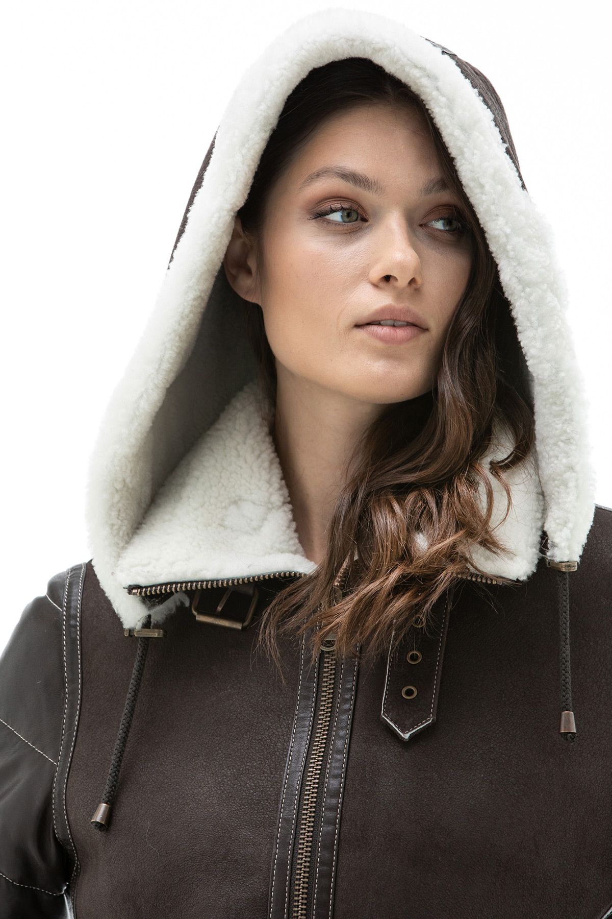 Womens Hooded Genuine Shearling Sheepskin Aviator Jacket - Quality Leather Product Manufactured By Simge Deri Tekstil San. Tic. Ltd. Şti. Contact For B2B Orders.