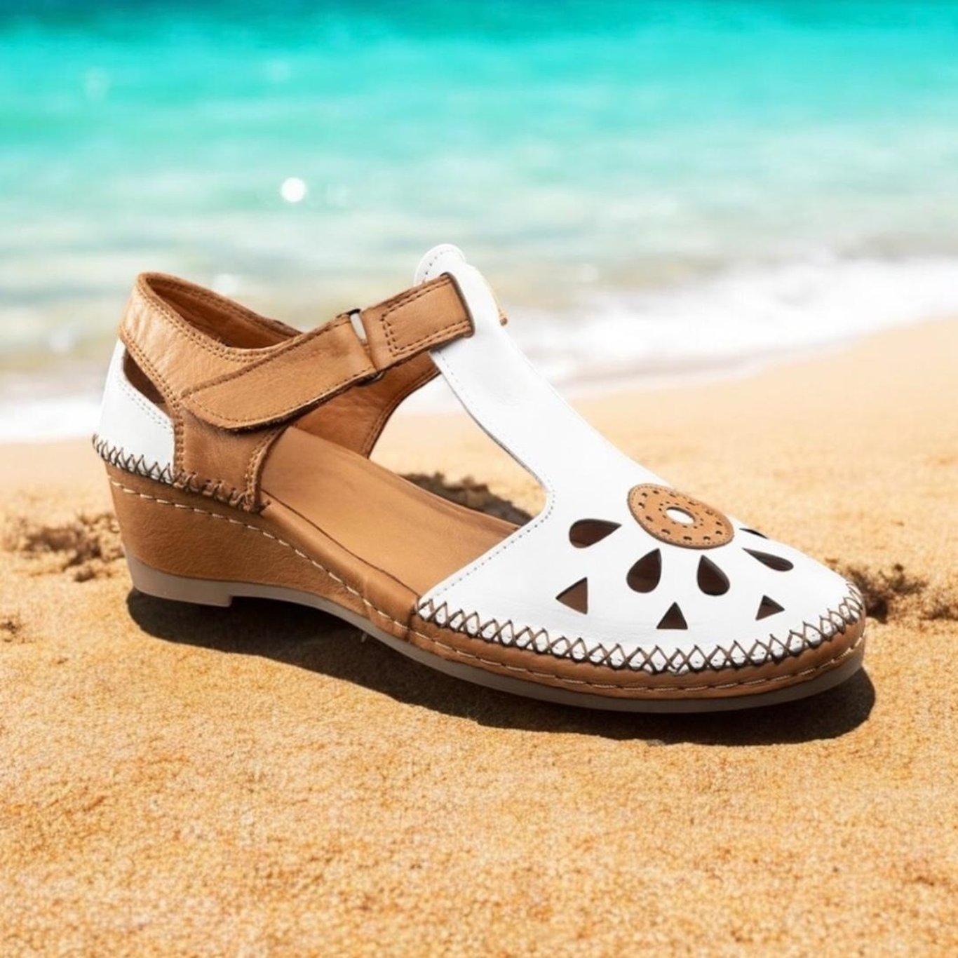 Elegant White Tan Leather Cutout Summer Wedge Sandal - Quality Leather Product Manufactured By Azur Ayakkabi İhracat Ve Ti̇caret Anoni̇m Şi̇rketi̇. Contact For B2B Orders.