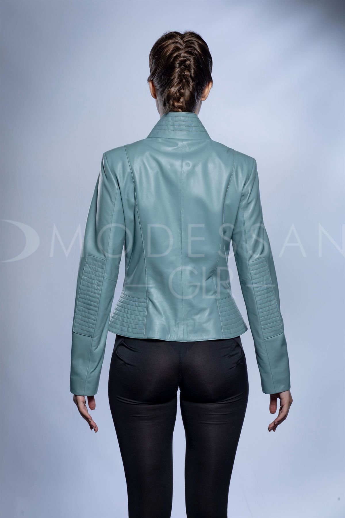 Design Stitched Collar And Hem Fitted Leather Jacket