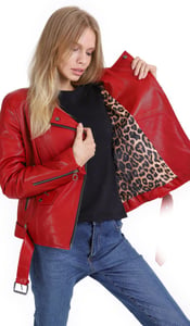 Red Women Calf Skin Biker Leather Jacket - Quality Leather Product Manufactured By Sari Deri̇ Gi̇yi̇m San. Ve Ti̇c.ltd.şti̇. Contact For B2B Orders.