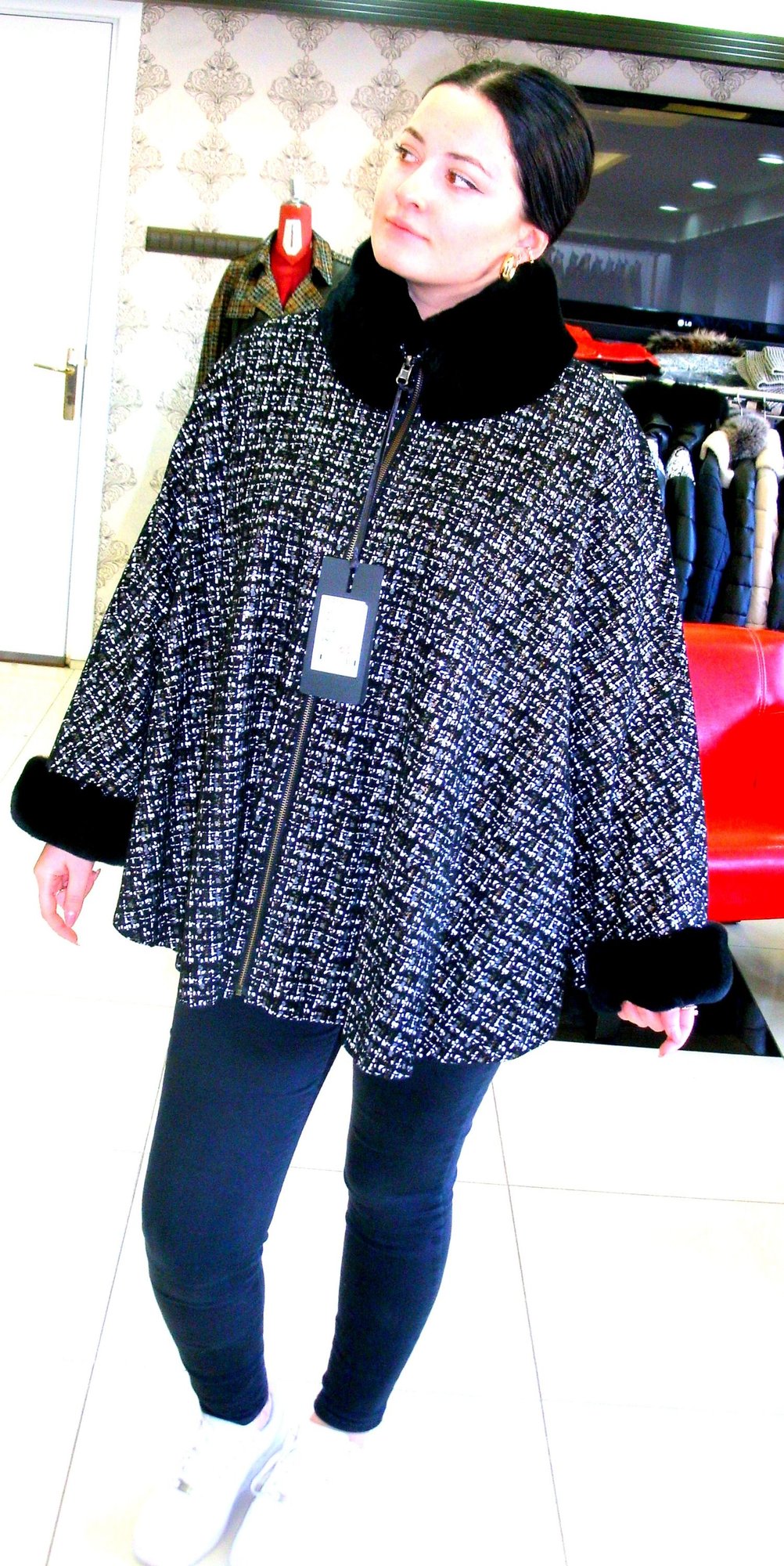 Elegant Women Textured Leather Poncho Coat Design