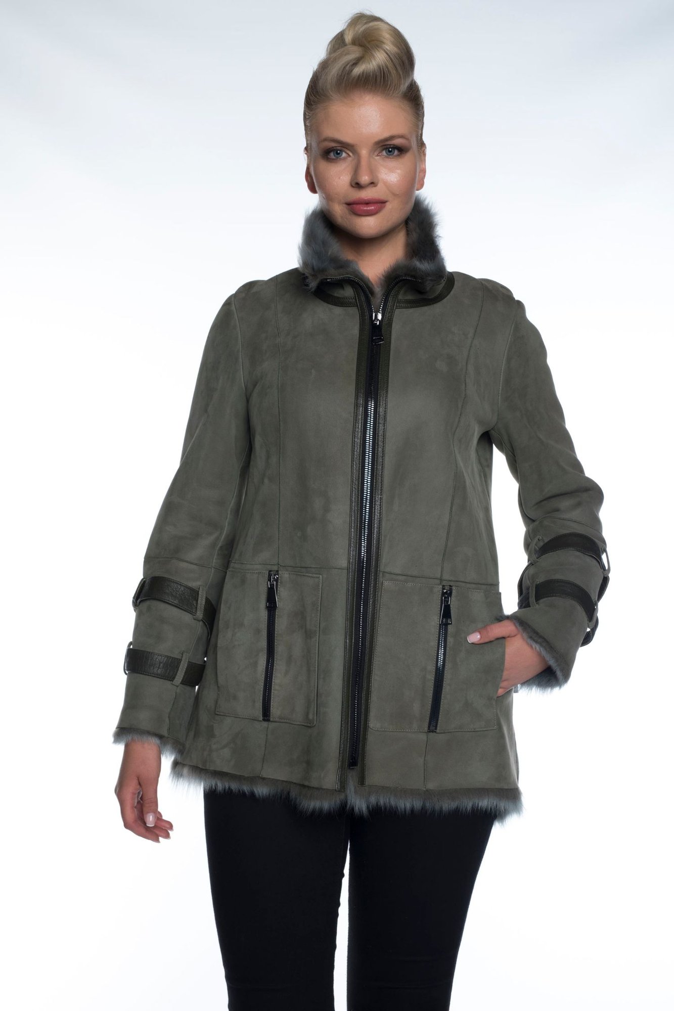 Damen Elegante Olivgrüne Shearling Lammfelljacke - Qualitatives Lederprodukt Hergestellt Von Besnili Deri Petrol Gida Ve Mam. Dis Ti̇c. Ltd. Sti.. Kontakt Für B2B-Bestellungen.