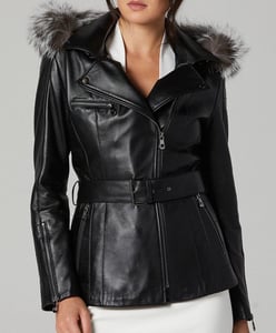 Womens Asymmetric Zipper Belted Fur Trim Leather Coat - Quality Leather Product Manufactured By Dersan Deri Sanayi Ve Ticaret Limited Şirketi. Contact For B2B Orders.