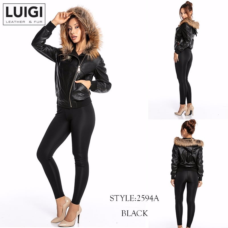Women Black Lambskin Leather Fur Hooded Jacket - Quality Leather Product Manufactured By Luigi Leather & Fur. Contact For B2B Orders.