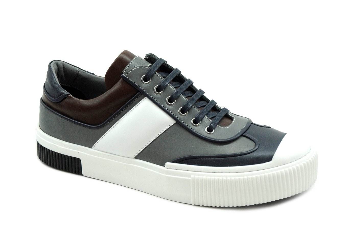 Grey-Navy-Brown-White Leather Sneakers - Quality Leather Product Manufactured By Emin Ayakkabi San. Ve Ti̇c. Ltd. Şti̇.. Contact For B2B Orders.