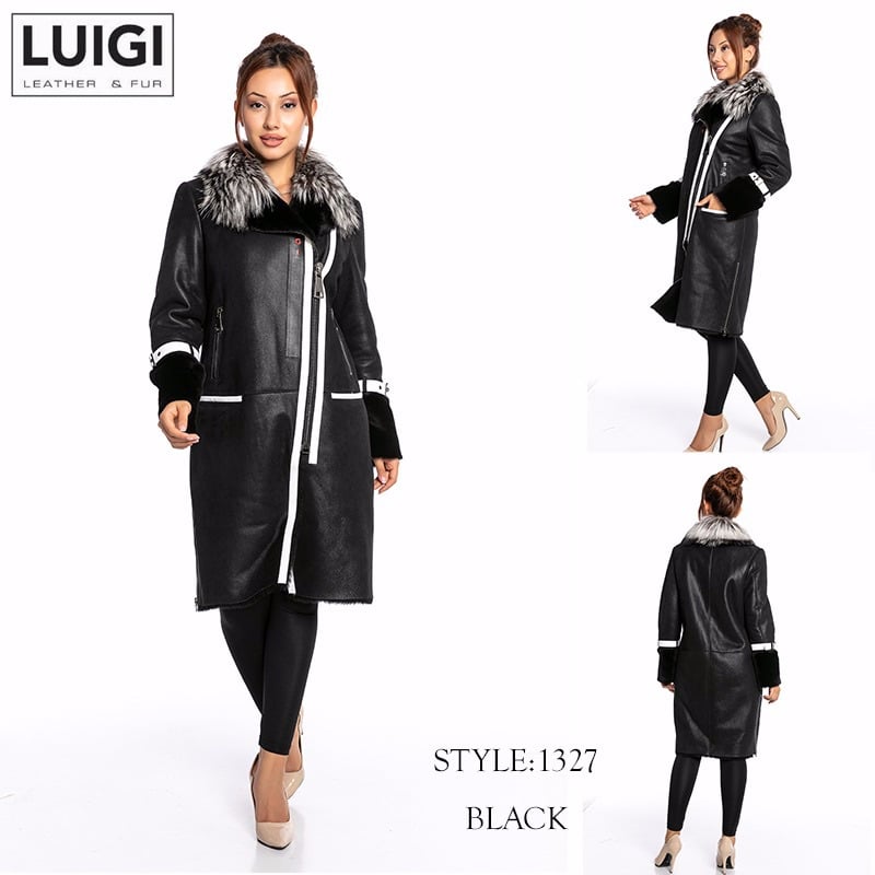 Asymmetric Zipper Long Shearling Leather Coat - Quality Leather Product Manufactured By Luigi Leather & Fur. Contact For B2B Orders.