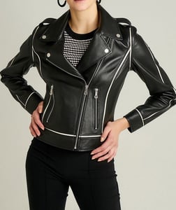 Striking White Trim Asymmetrical Leather Jacket - Quality Leather Product Manufactured By Dersan Deri Sanayi Ve Ticaret Limited Şirketi. Contact For B2B Orders.