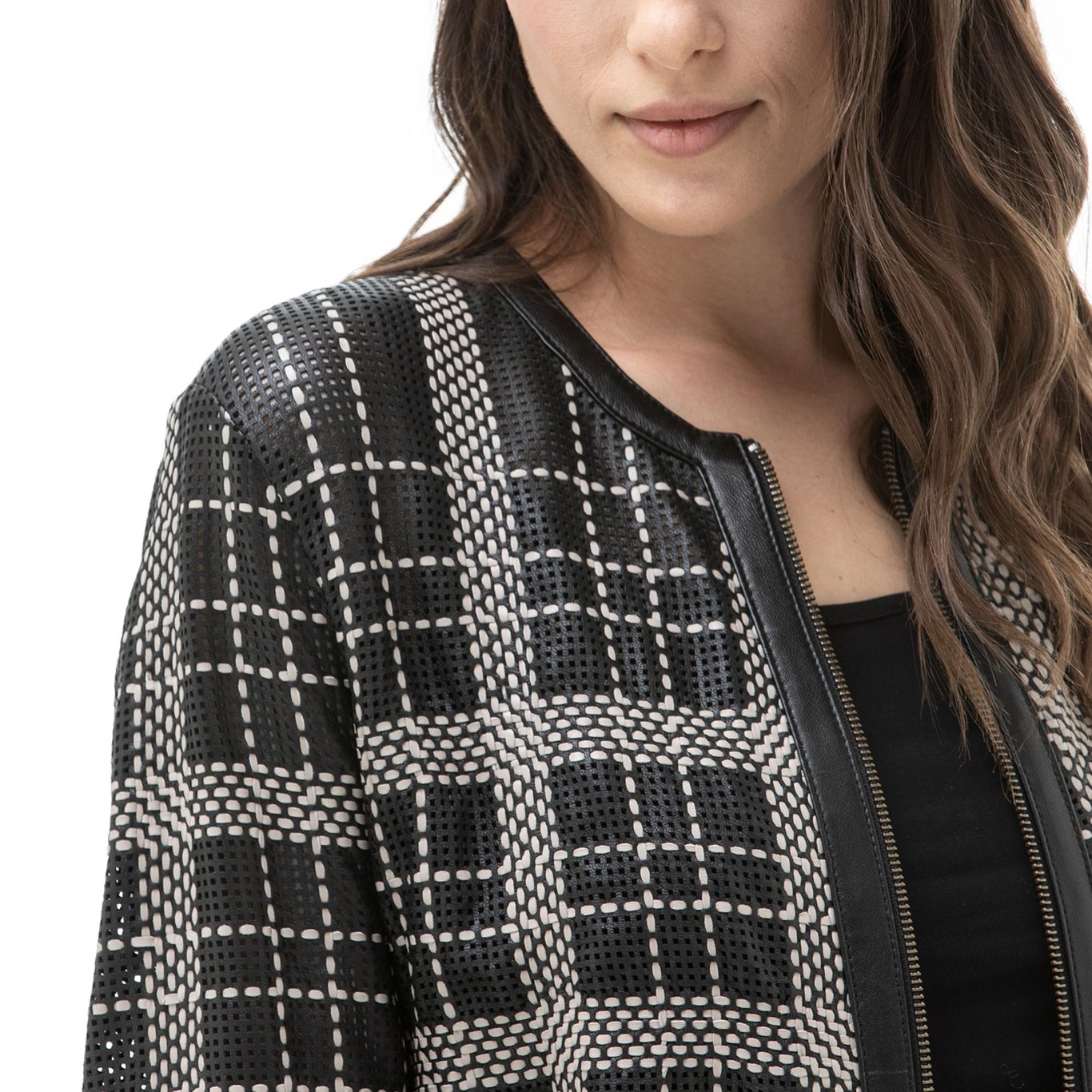 Womens Perforated Plaid Lambskin Jacket - Quality Leather Product Manufactured By Simge Deri Tekstil San. Tic. Ltd. Şti. Contact For B2B Orders.