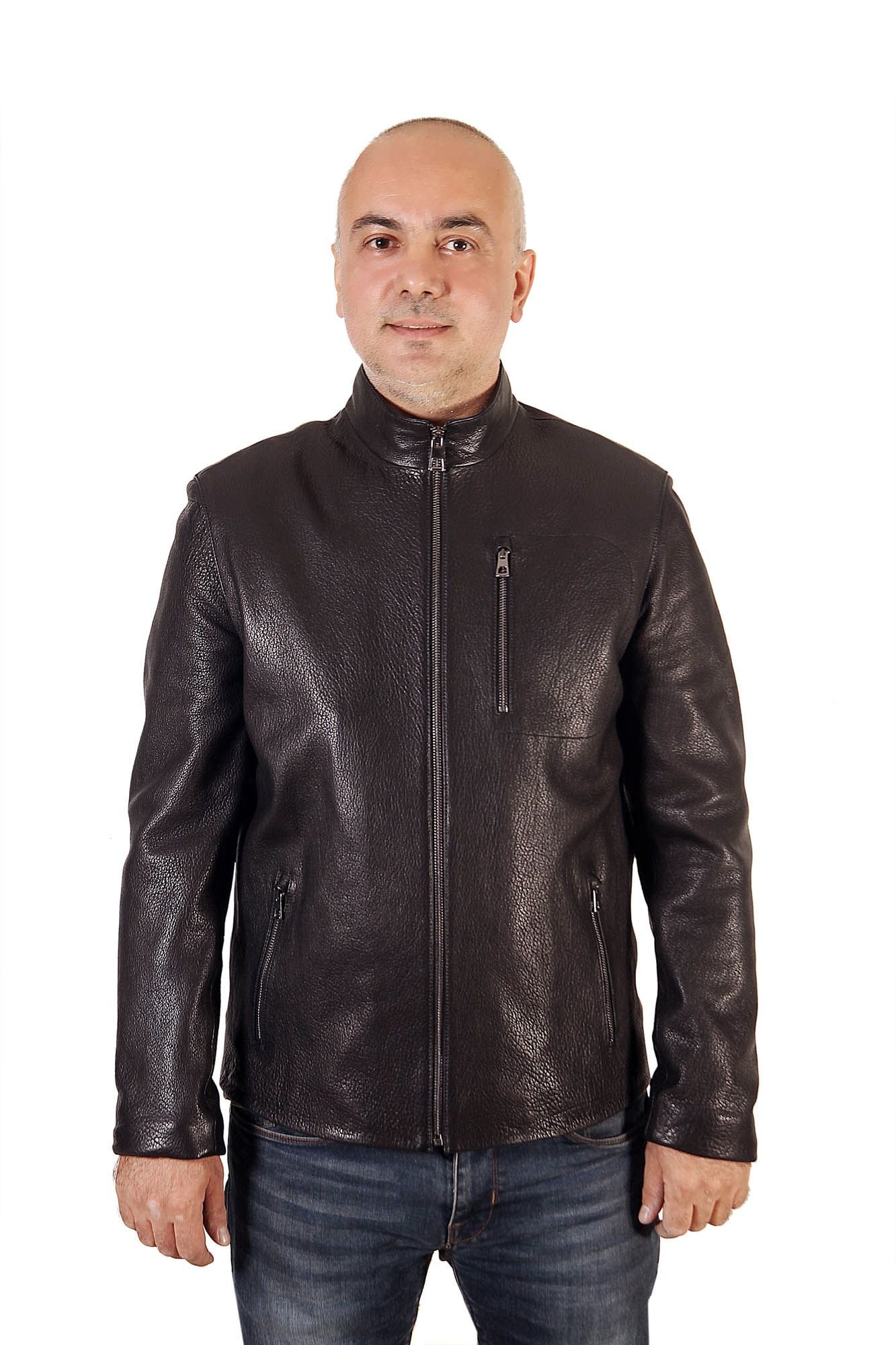 Mens Sleek Stand Collar Grained Leather Jacket - Quality Leather Product Manufactured By Derma Deri̇ Ti̇c. Ve San. Ltd. Şti̇.. Contact For B2B Orders.