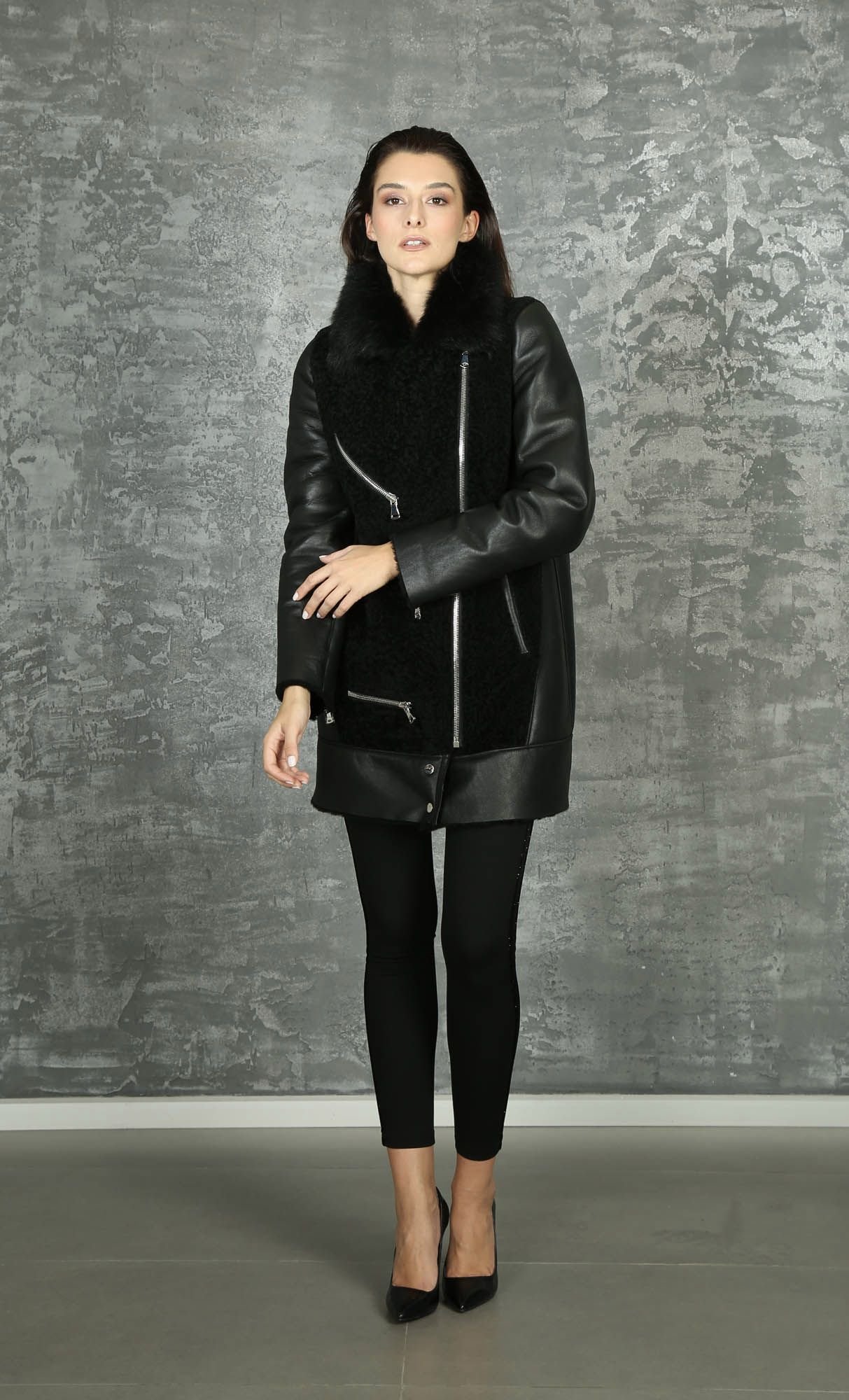 Luxurious Black Shearling Leather Coat Asymmetric Zip Elegant Design - Quality Leather Product Manufactured By Rubi̇s Deri̇ci̇li̇k San. Ve Ti̇c. Ltd. Şti̇.. Contact For B2B Orders.
