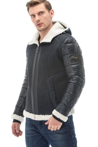 Mens Hooded Suede And Quilted Leather Jacket - Quality Leather Product Manufactured By Simge Deri Tekstil San. Tic. Ltd. Şti. Contact For B2B Orders.