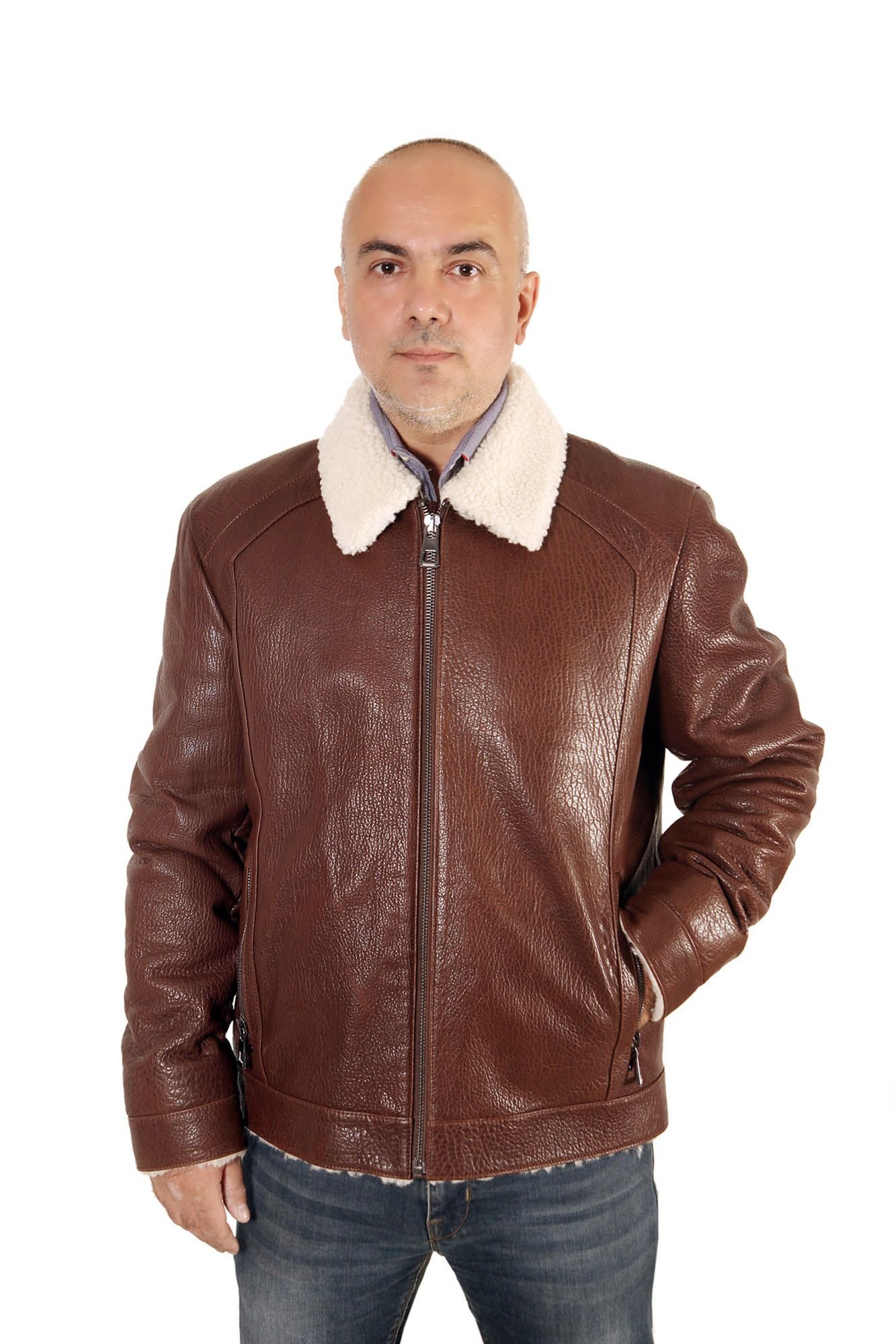 Mens Brown Leather Aviator Jacket Plush Collar - Quality Leather Product Manufactured By Derma Deri̇ Ti̇c. Ve San. Ltd. Şti̇.. Contact For B2B Orders.