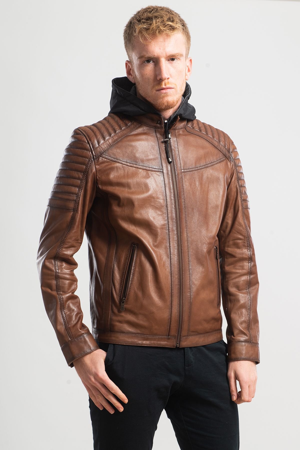 Mens Cognac Biker Quilted Leather Jacket - Turkish Leather