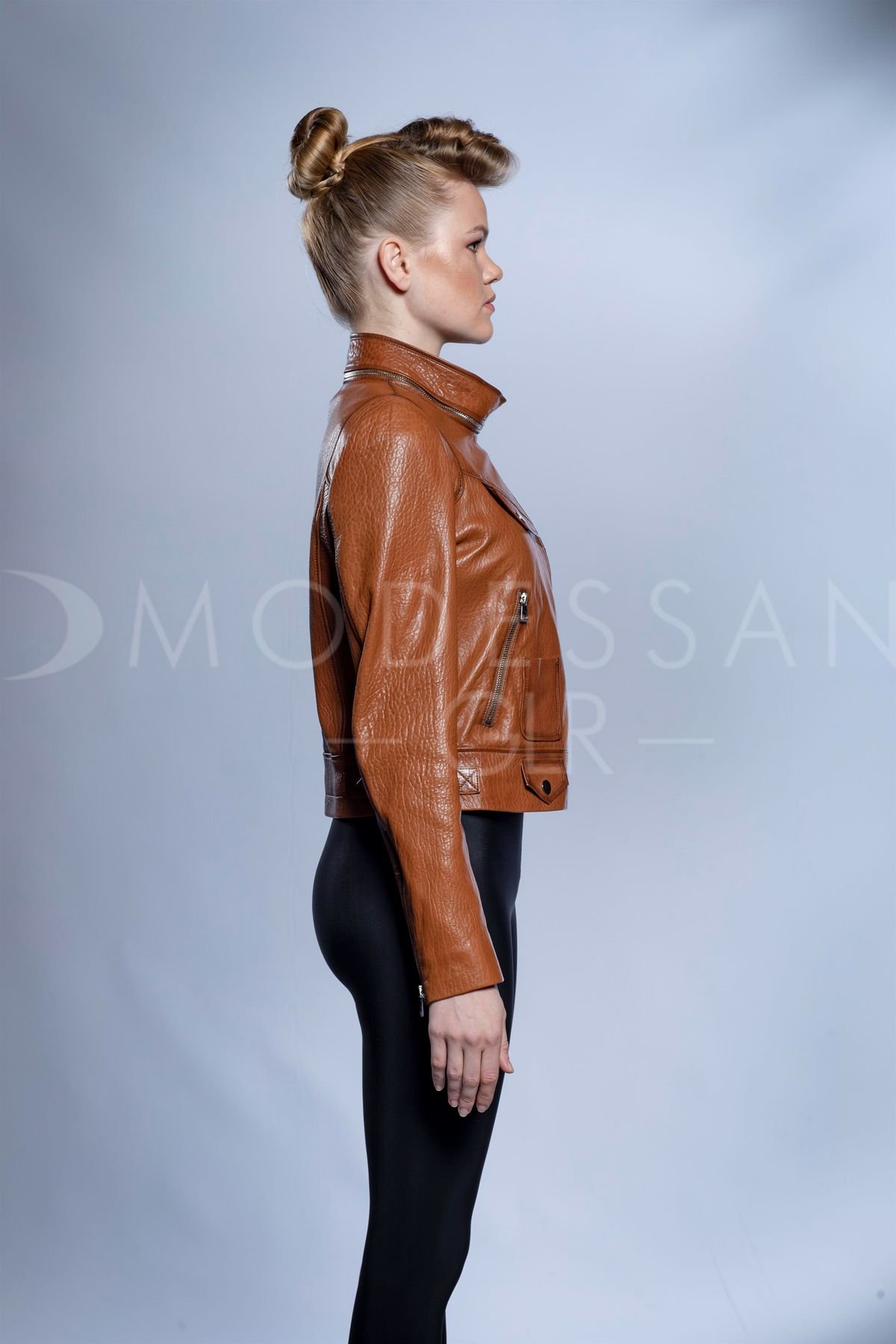 Design Tan Funnel-Neck Leather Biker Jacket