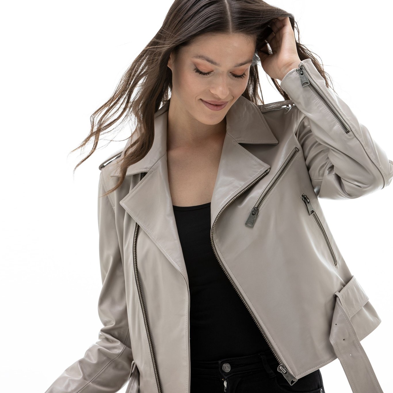 Womens Asymmetrical Biker Leather Jacket Chic Design - Quality Leather Product Manufactured By Simge Deri Tekstil San. Tic. Ltd. Şti. Contact For B2B Orders.