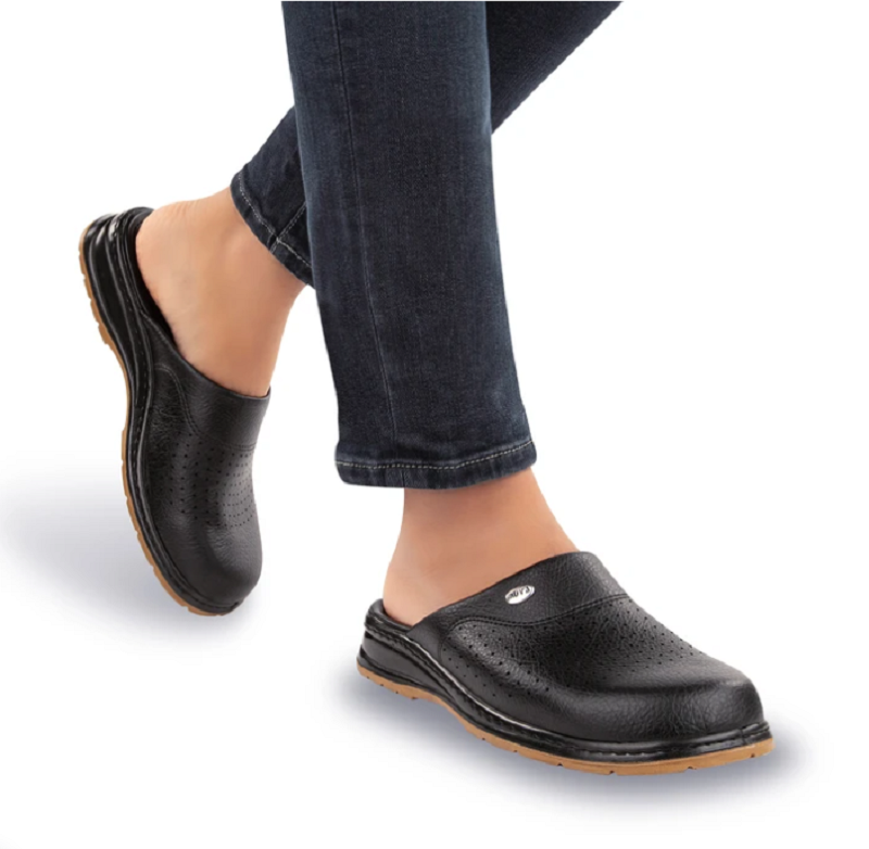 Stylish Black Grained Leather Perforated Clog