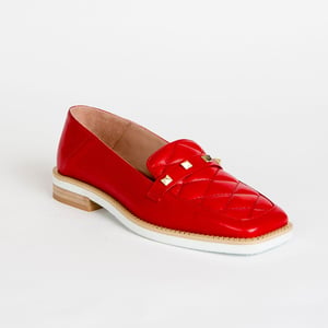 Radiant Red Quilted Loafer With Gold Studs - Quality Leather Product Manufactured By Azra Ayakkabı. Contact For B2B Orders.