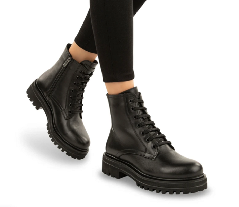 Chic Black Leather Lace Up Ankle Boot