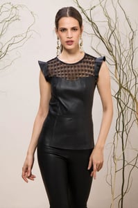 Black Leather Top Elegant Lace Yoke Cap Sleeves - Quality Leather Product Manufactured By Emelda Deri Konfeksiyon Turizm Insaat Sanayi Ve Dis  Ticaret Anonim Sirketi. Contact For B2B Orders.