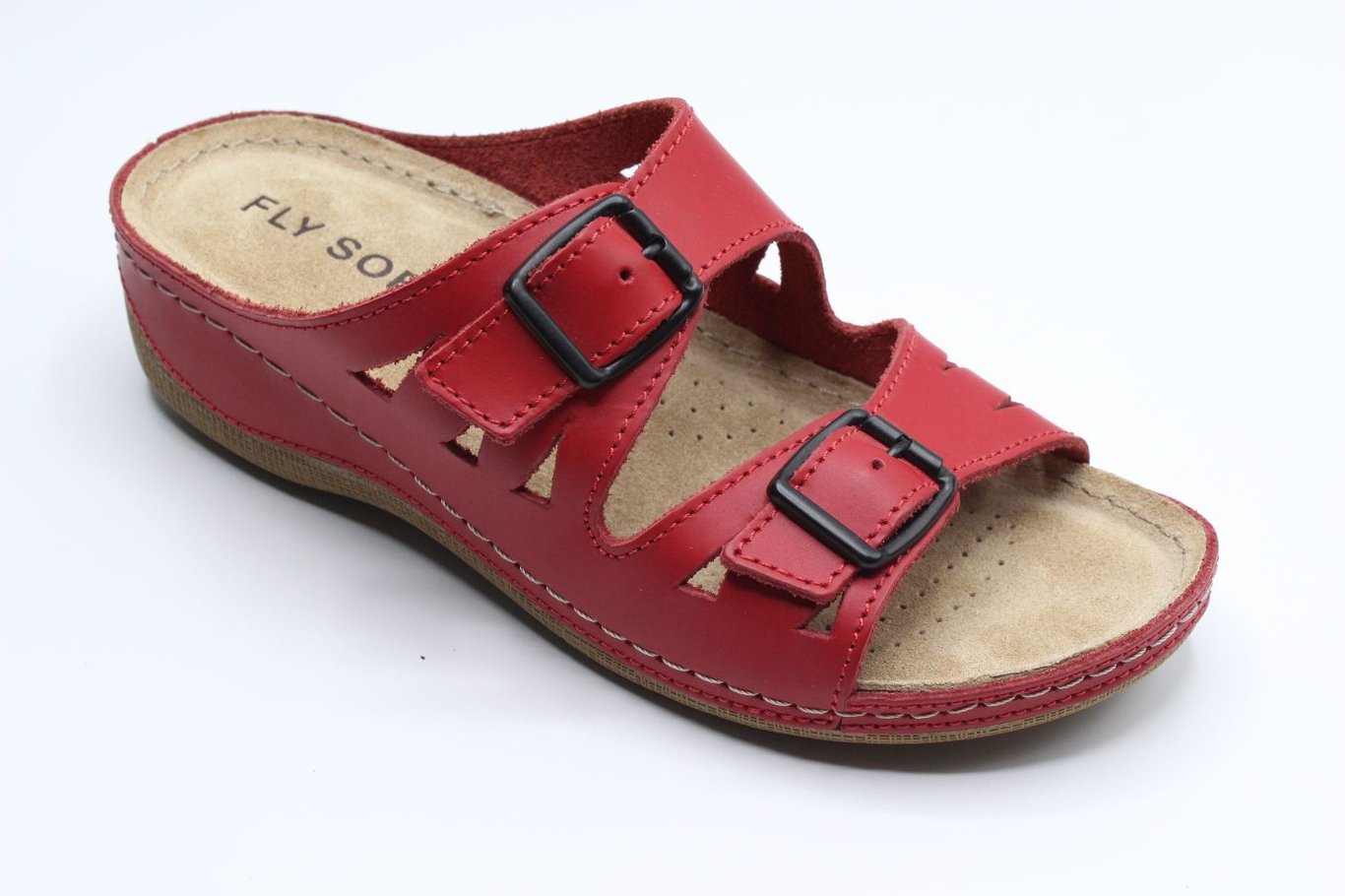 Red Adjustable Buckle Cutout Design Leather Slipper - Quality Leather Product Manufactured By Berk Ayakkabi Ve Saraciye San Tic Ltd. Contact For B2B Orders.