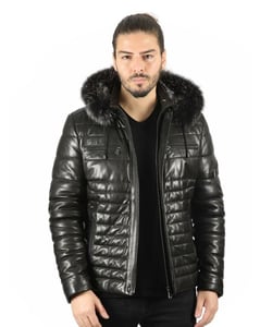 Men's Quilted Leather Jacket With Detachable Fur Hood - Quality Leather Product Manufactured By Baymod Deri A.ş. Contact For B2B Orders.