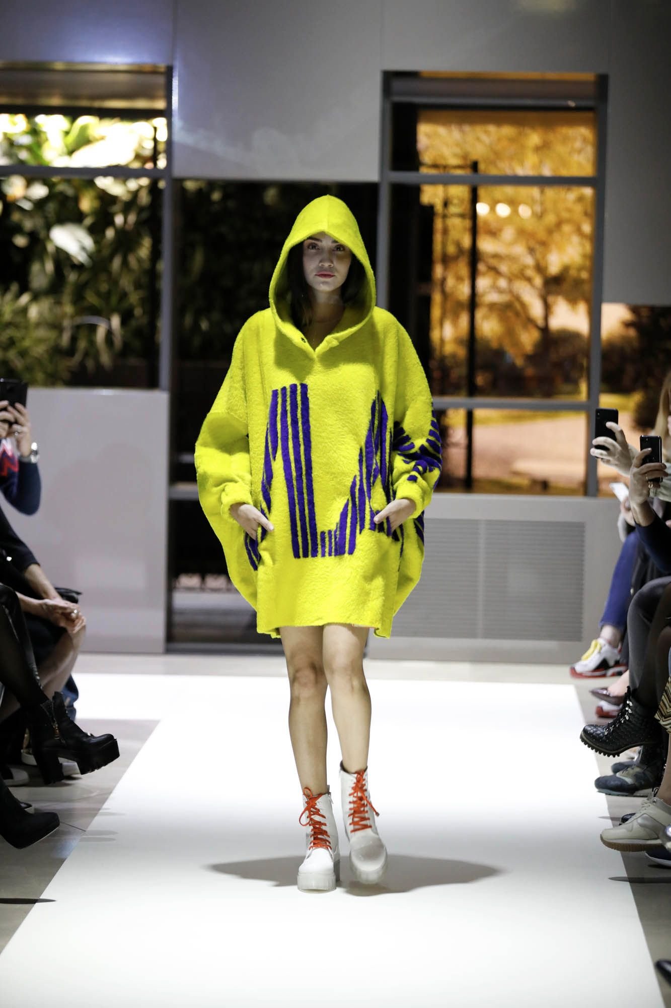 Vibrant Lime Shearling Hooded Coat With Distinct Purple Design - Quality Leather Product Manufactured By Vlasta Kopylova Kurk Deri San. Ve Tic. A.s.. Contact For B2B Orders.