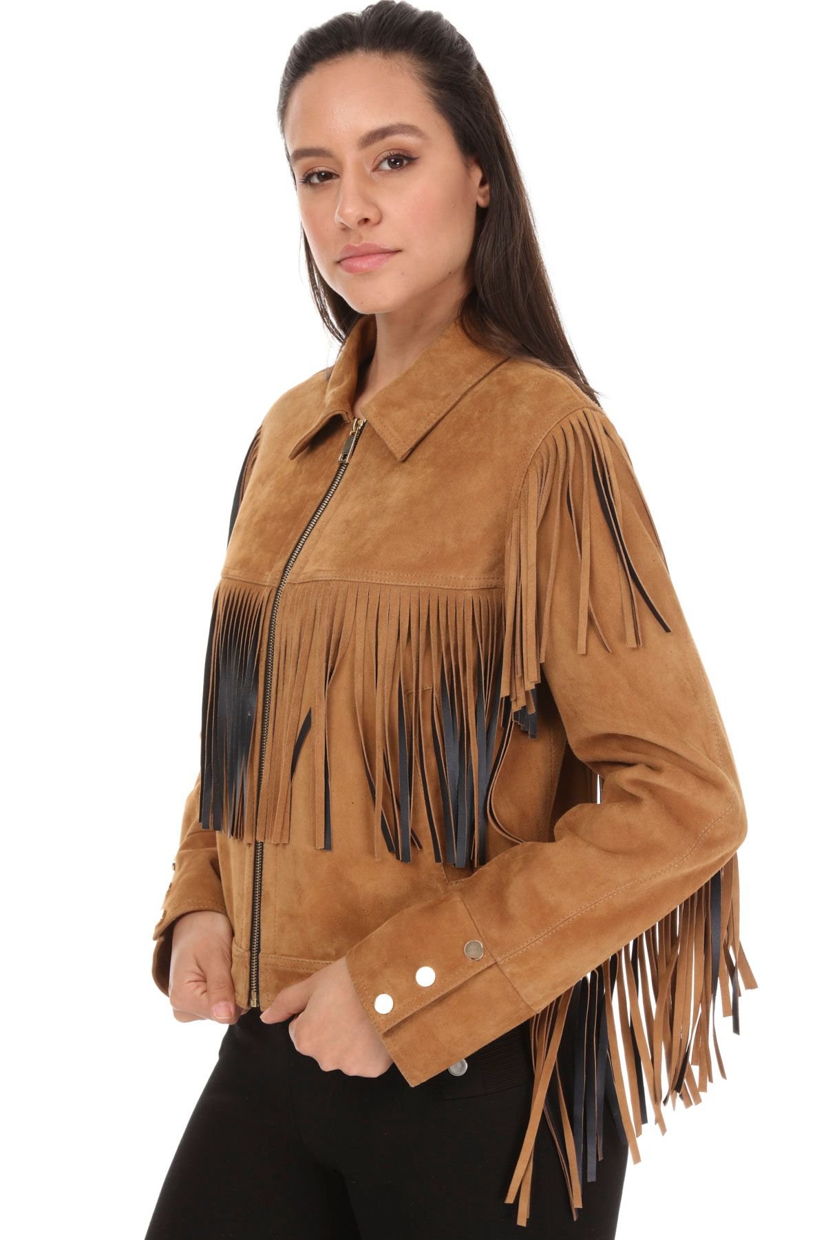 Womens Camel Suede Fringe Leather Jacket - Quality Leather Product Manufactured By Tess Dis Tic.ltd.sti. Contact For B2B Orders.