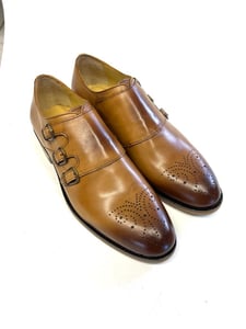 Men's Tan Leather Double Monk Brogue Shoes - Quality Leather Product Manufactured By Ferudun Kundura San.ti̇c.ltd.şti̇.. Contact For B2B Orders.