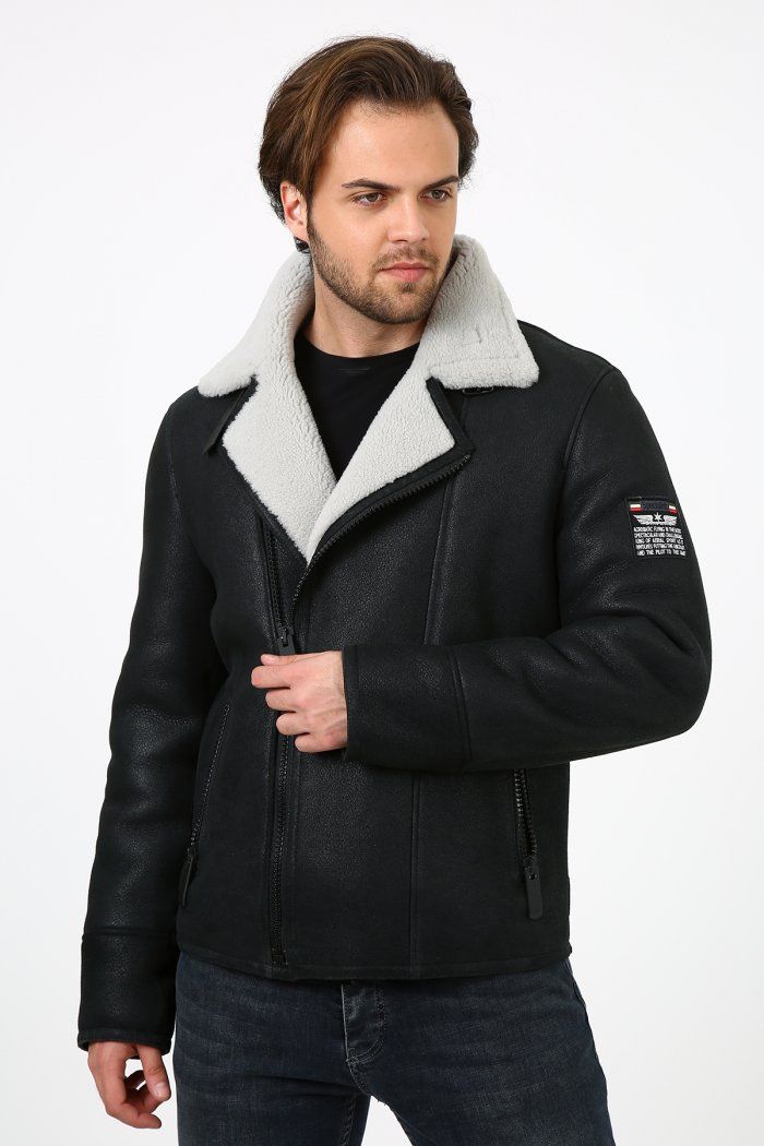Edle Schwarze Lammfell Pilotenjacke Exklusives Design