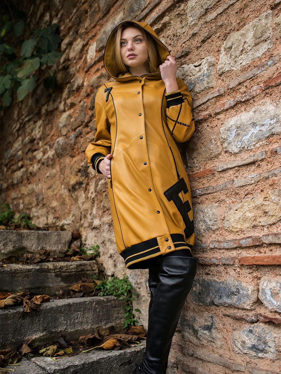 Distinctive Hooded Yellow Leather Coat For Women - Quality Leather Product Manufactured By Ali̇ Paşa Kürk Deri̇ Teksti̇l Turi̇zm Sanayi̇ Ve Ti̇caret Li̇mi̇ted Şi̇rketi̇. Contact For B2B Orders.