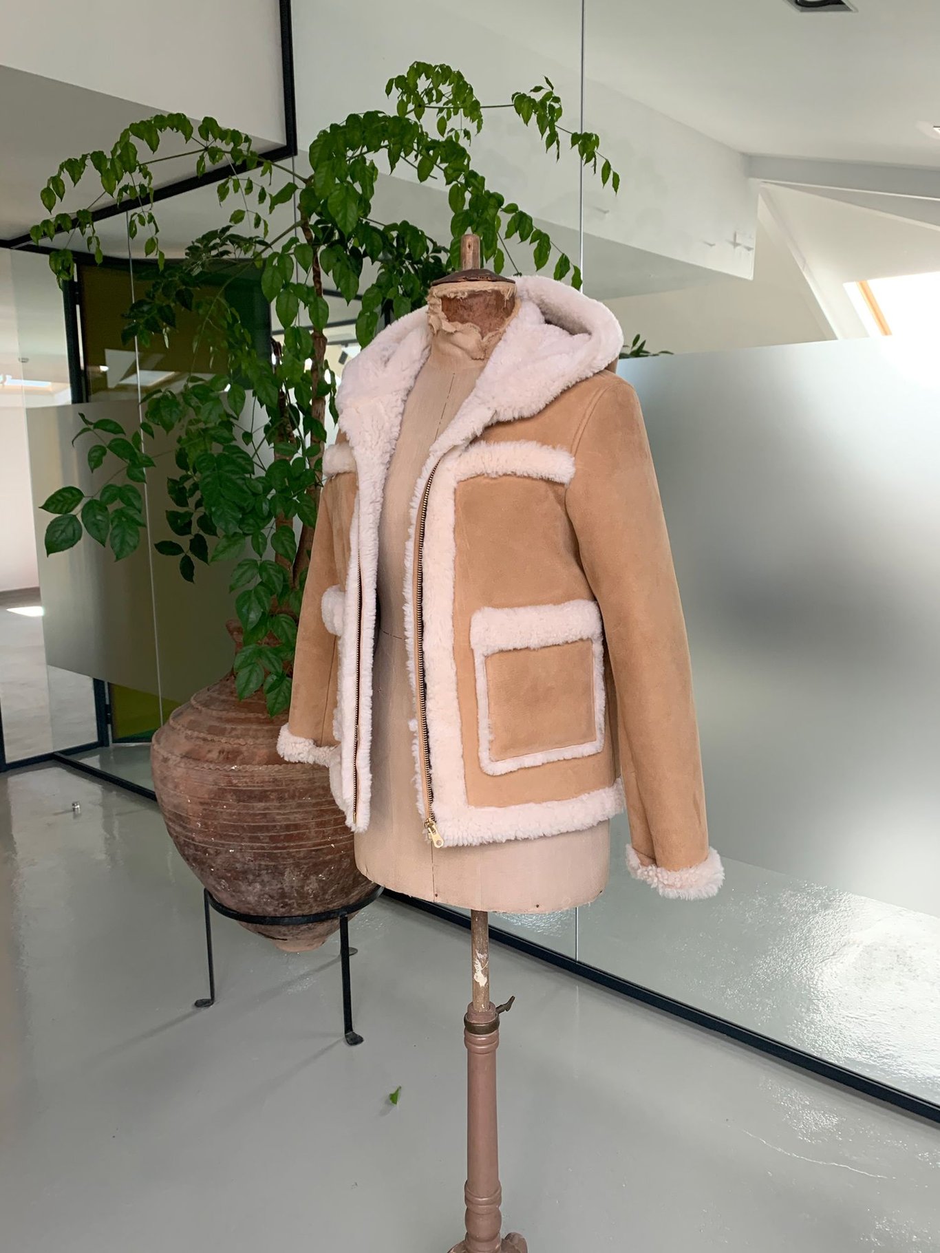 Short Women Shearling Coat With Hoodie