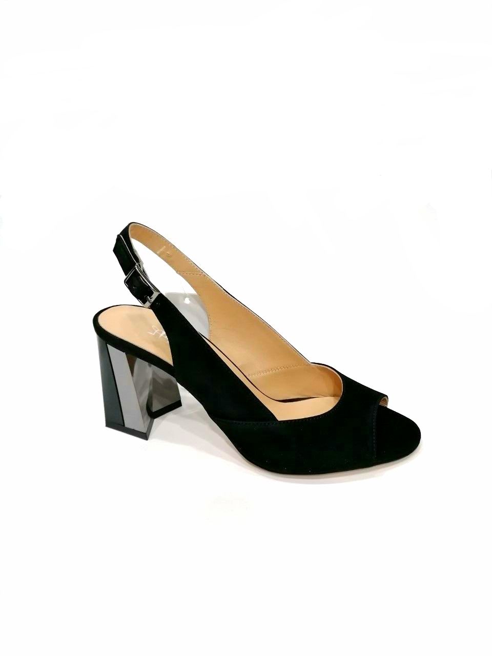 black suede sandals with bicolor heel