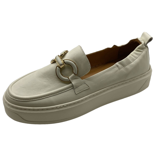 Stylish Cream Leather Platform Loafers Gold Accent