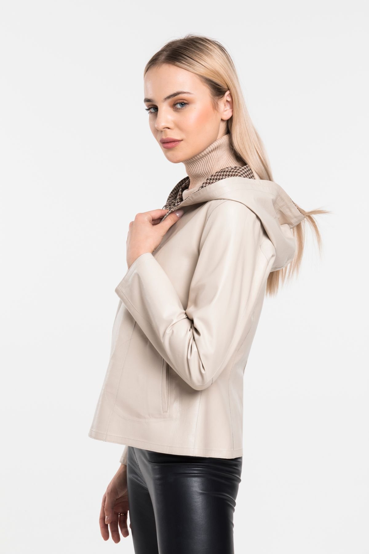 Chic Hooded Goat Leather Jacket Design - Turkish Leather